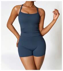 Two Pieces Women's Solid Backless Tracksuit Set, Spaghetti Strap Cami Top & High Waist Skinny Shorts, Solid Backless Tracksuit Workout Sets For Women Wear Sets 2 Piece Outfits - Màu xanh lam - Xem 1