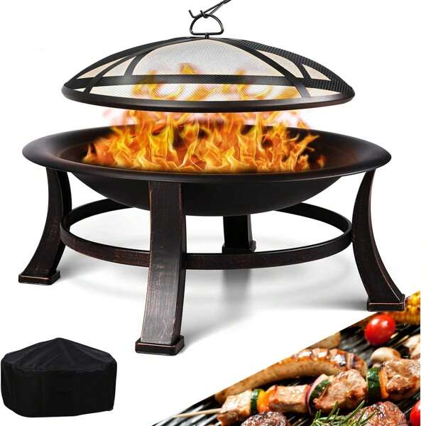Brasero avec protection contre les étincelles, brasero Φ76 cm avec grille, brasero au look rétro, brasero pour le jardin, brasero barbecue, stable et fonctionnel, noir, grand
