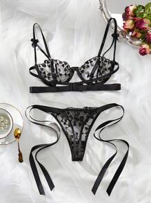 Sexy Lace Women's Lingerie Set, Black Heart Embroidery Push-Up Bra And Panties 2 Pieces, Sheer Mesh Underwear For Romantic Intimate Apparel, Perfect For Valentine's Day And Bedtime Ultra-Thin Bra
