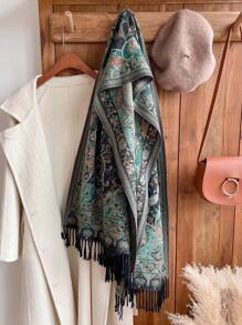 1pc Women Vintage Paisley Floral Jacquard Bohemian Style Tasseled Scarf/Shawl, Warm & Soft For Autumn/Winter Travel - Multicolor - View 2