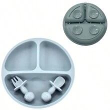 Bneseus 3pcs Silicone Baby Plate Set With Smiling Face Design, Non-Slip Toddler Divided Plate, Fork And Spoon For Dishwasher And Microwave, Suitable For 0-3 Years Old Children