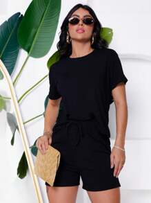 Women's Set Of Comfortable Sweatshirt Shorts And Blouse - 黑色 - 查看 3