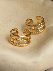 1 chiếc/2 chiếc Nhẫn nữ bằng thép không gỉ mạ vàng 18K đá quý màu đặc dày | Xanh lam, hồng, xanh lá, Cubic Zirconia, có thể xếp chồng - Nhiều màu - Xem 2