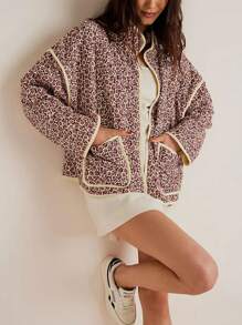 Women Floral Quilted Puffer Jacket Cropped Lightweight Patchwork Vintage Padded Short Coat Outerwear - Burgundy - View 2