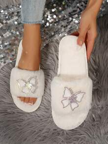 大码女式毛绒拖鞋，带水钻，平底室内/户外拖鞋，秋冬新品 - 白色 - 查看 1