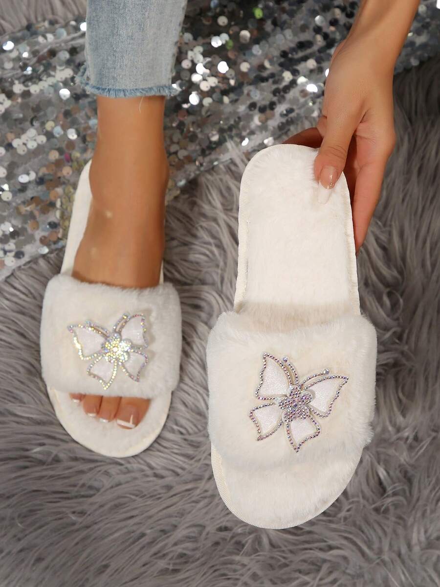 大码女式毛绒拖鞋，带水钻，平底室内/户外拖鞋，秋冬新品 - 白色 - 查看 1