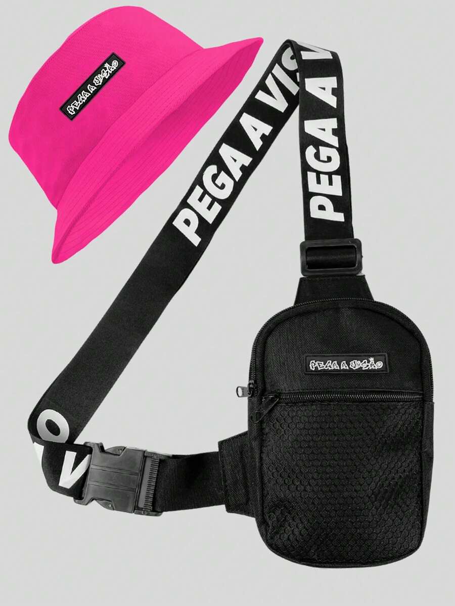 Pega A Visao Shoulder Bag Mini Crossbody Bag Black Wide Strap Black + Men's Bucket Hat Colorful Eye Catcher - 粉色 - 查看 1