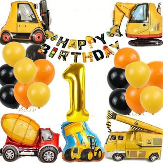 Construction Vehicle Theme Balloons Number 1-9 Party Set - Excavator, Tractor And Fire Truck Decor Kit - Perfect For Graduation, Christening, Birthday And More