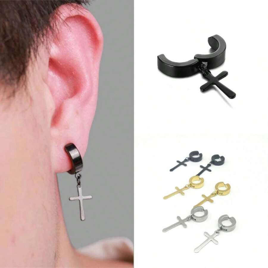 Cross Hoop Clip Earring No Hole Required Silver Female Stainless Steel Ready For Delivery Comfortable - 金色 - 查看 1