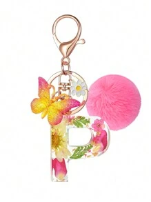 1pc Resin Dried Flower & Letter Shaped Keychain, Fashionable Butterfly Tassel Pom Pom Decor Key Ring, For Mom & Best Friend Car Accessories Bag Charm Backpack For School Cute Goth Y2k Halloween Accessories Teachers Day Christmas Gift Ideas Bag Lanyards With Id Holder Car Accessories Bag Charms Car Sister - Pink - View 16
