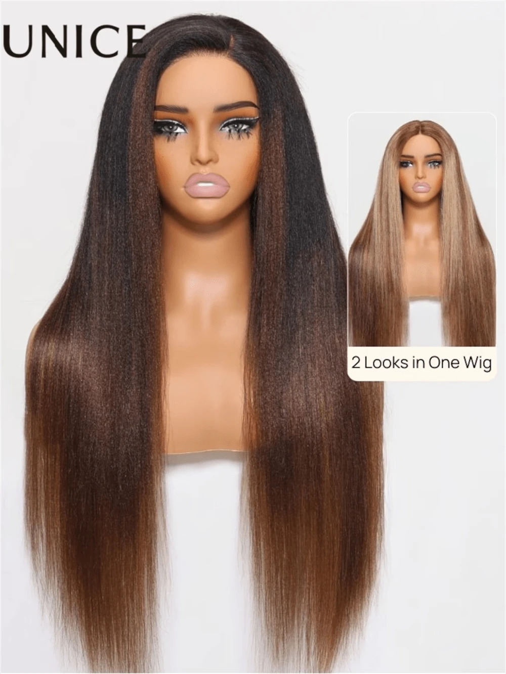 Unice Hair DoubleWear 4x4 Yaki Straight Wig Ombre Chestnut Brown & Honey Blonde Higlight 2 Styles In 1 Put On And Go Wig Glueless Human Hair - 流行色(其他顏色) - 查看 1