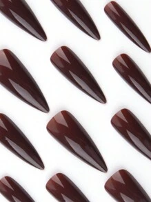 Sanrio Transform Your Nails With 24pcs Long Stiletto French Style Modern Classic Simple Dark Coffee Brown Solid Color Full Cover Fake Press On Nail Kit For Winter Daily Wear Will Give Your Look A Gentle