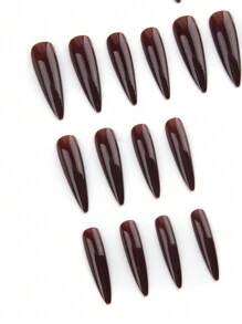 Sanrio Transform Your Nails With 24pcs Long Stiletto French Style Modern Classic Simple Dark Coffee Brown Solid Color Full Cover Fake Press On Nail Kit For Winter Daily Wear Will Give Your Look A Gentle