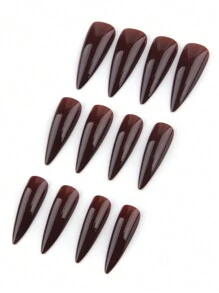 Sanrio Transform Your Nails With 24pcs Long Stiletto French Style Modern Classic Simple Dark Coffee Brown Solid Color Full Cover Fake Press On Nail Kit For Winter Daily Wear Will Give Your Look A Gentle