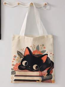 Borsa a spalla stampata con motivi di gatti e cani, stampata su entrambi i lati, borsa casual da viaggio e da spiaggia, grande capacità, riutilizzabile, borsa a tracolla casual da donna, borsa di tela da spiaggia di grande capacità, borsa della spesa stampata con motivi da donna