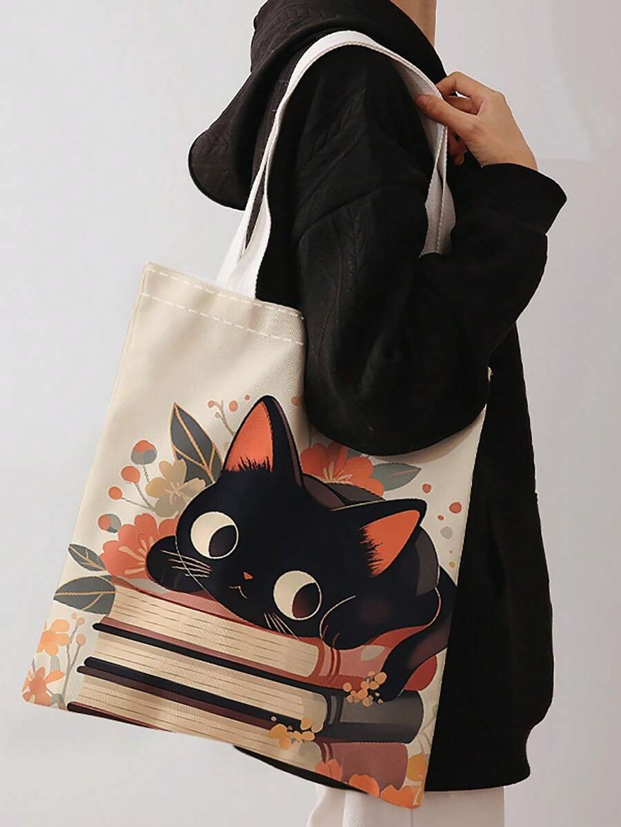 猫狗印花双面单肩手提包，休闲旅行沙滩包，大容量可重复使用单肩购物袋，女士休闲单肩包，手提包，大容量帆布沙滩包，手提包，购物袋，印花女士休闲单肩杂货袋