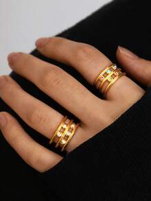 1 chiếc/2 chiếc Nhẫn nữ bằng thép không gỉ mạ vàng 18K đá quý màu đặc dày | Xanh lam, hồng, xanh lá, Cubic Zirconia, có thể xếp chồng - Nhiều màu - Xem 1