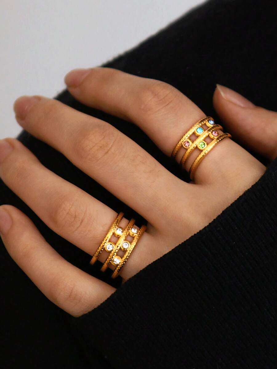 1 chiếc/2 chiếc Nhẫn nữ bằng thép không gỉ mạ vàng 18K đá quý màu đặc dày | Xanh lam, hồng, xanh lá, Cubic Zirconia, có thể xếp chồng - Nhiều màu - Xem 1