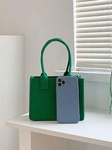 1 件轻便迷你纯色儿童毛毡挎包，无封口双手柄手提包，适合儿童/女孩购物/旅行/日常使用 - 綠色 - 查看 3