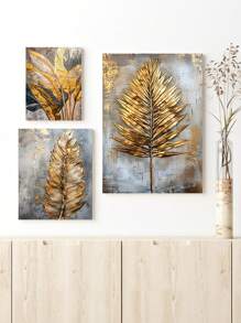 3pcs Golden Leaf And Feather Art Painting - Modern/Classic Style, Golden Color, Leaf Pattern, Ink On Canvas, Wood Frame, For Bedroom/Living Room/Home Office/Cafe/Bar, Indoor/Outdoor Wall Decoration, Vertical Orientation, Suitable For Summer/Autumn Season, Fashion Theme,Framed Poster/Art Print, Gifts Birthday Graduation