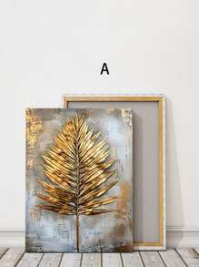 3pcs Golden Leaf And Feather Art Painting - Modern/Classic Style, Golden Color, Leaf Pattern, Ink On Canvas, Wood Frame, For Bedroom/Living Room/Home Office/Cafe/Bar, Indoor/Outdoor Wall Decoration, Vertical Orientation, Suitable For Summer/Autumn Season, Fashion Theme,Framed Poster/Art Print, Gifts Birthday Graduation