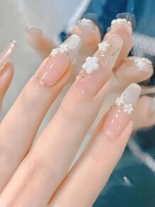 Add A Touch Of Romance With 24Pcs Japanese Style Nude Floral Press On Nails Set, Coffin Long 3D Detachable Full Coverage Fake Nail Kit, Includes 1Sheet Adhesive Tabs &1 Pc Mini File, For Girls Ladies Party Dating Manicure Set Nail Supplies Nails - White - View 3