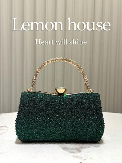 1pc Luxury Emerald Green Glitter Rhinestone Decorated Clutch Purse, Elegant Formal Handbag For Evening Party, Wedding, Prom, Festival Valentines
