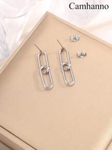 1pair Minimalist Stainless Steel Chain Drop Earrings, Suitable For Women's Daily Adornment - Silver - View 6