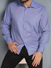 Men's Summer Spring Autumn Long Sleeve Shirt Business Formal Wear No Ironing Anti-Wrinkle Slim Solid Color - 藍色 - 查看 5