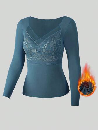 1pc Women's Thicker Blue Padded Lace Trim Warm Underwear Without Bra Attachment, Suitable For Autumn/Winter