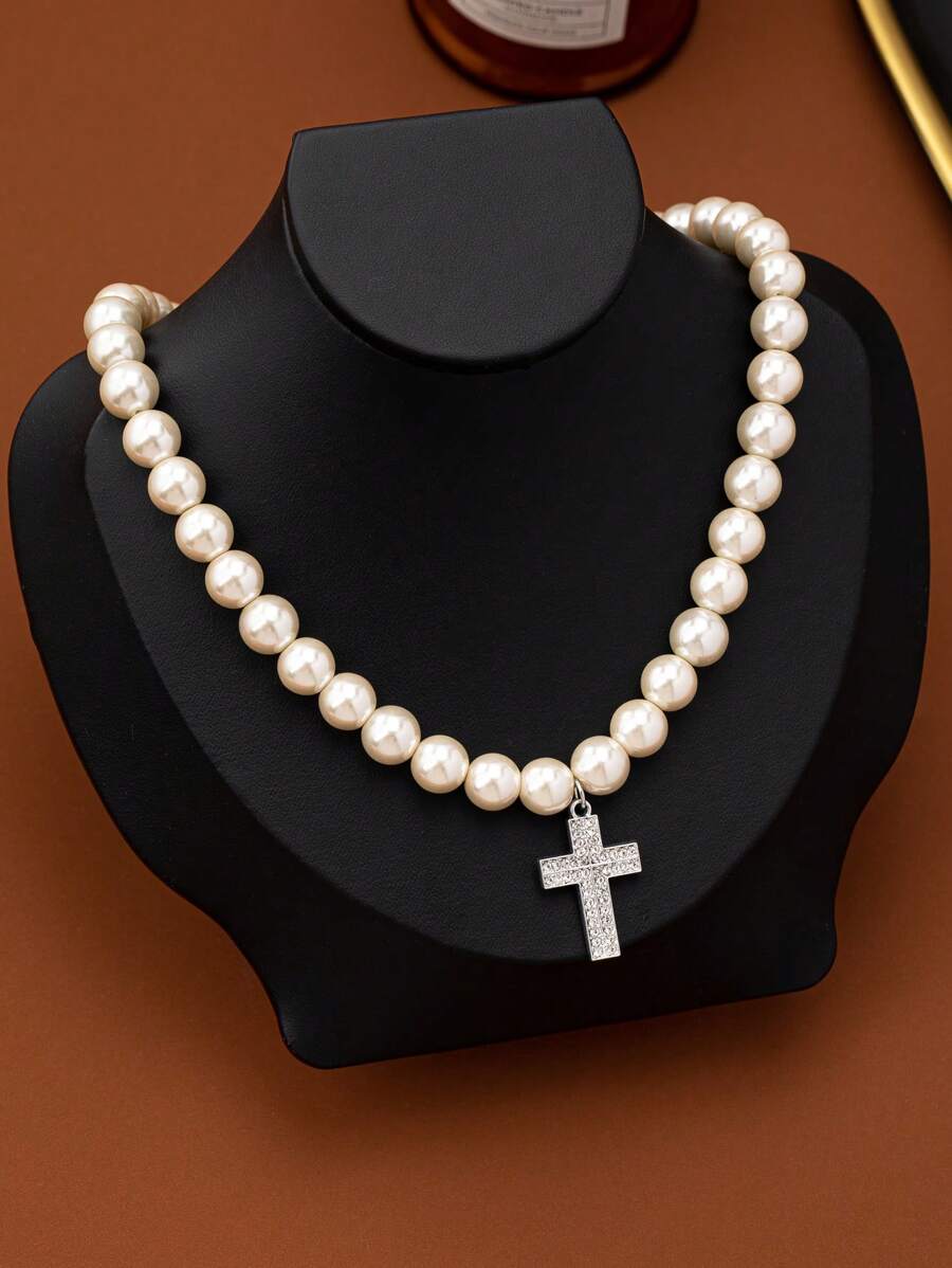Women's Faux Pearl Necklace, Crystal Cross Pendant Necklace - Pearl Necklace - View 1