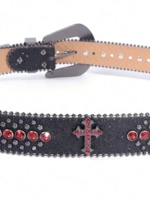 Rhinestone Embellished Cross Buckle Glittery Western Cowgirl Belt, Zinc Alloy Crystal Cross Studded Belt, Suitable For All Seasons Valentine's Day Valentines - A - Xem 6