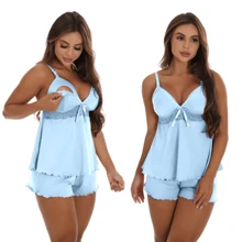 Kit 2 Baby Doll And 1 Nightgown Breastfeeding Pregnancy Postpartum Surgery Maternity Pajamas Lace Comfort - màu xanh lá - Xem 2