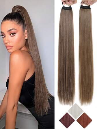 1pc Long Straight Ponytail Extensions 28inches Synthetic Hair Extensions Elastic Rubber Band Ponytail Fake Pony Tail Hairpieces With Hair Tie Daily Use