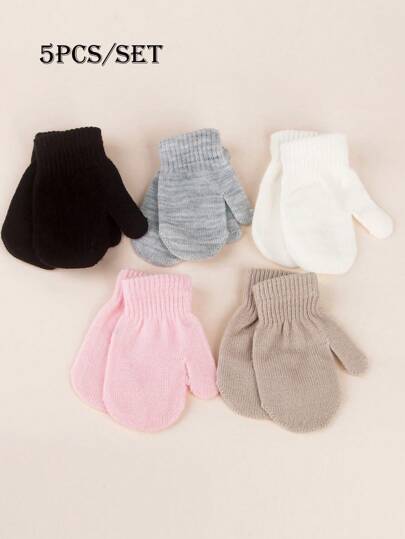 3/5pcs Baby Solid Color Mittens, Warm Knitted Gloves For Toddlers 0-3 Years Old, Unisex, Suitable For Autumn/Winter