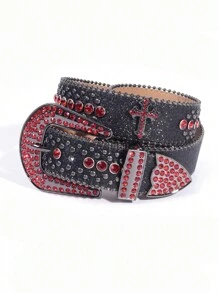 Rhinestone Embellished Cross Buckle Glittery Western Cowgirl Belt, Zinc Alloy Crystal Cross Studded Belt, Suitable For All Seasons Valentine's Day Valentines - A - Xem 12