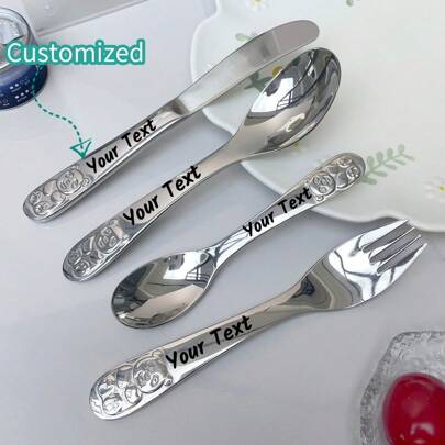 1 Set/4pcs Personalized Stainless Steel Cutlery Set, Customizable Engraving, Decorated With Bear Pattern - Ideal Gift For All Occasions, Perfect For Daily Use