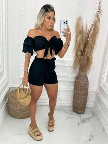 Shorts And Crop Top Set - 黑色 - 查看 3