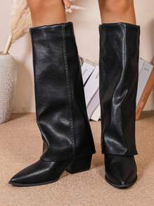 Botas de tacón cuña grueso con punta puntiaguda de estilo pantalón sexy para mujer, botas altas retro sobre la rodilla, combinables con leggings