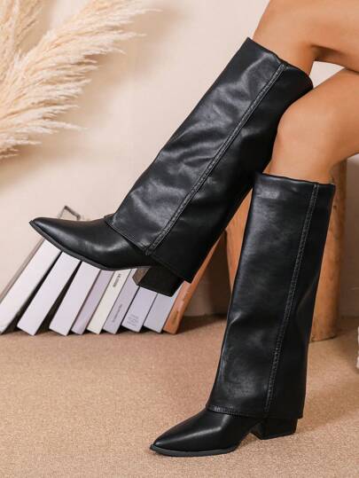 Women's High Heel Boots, Pointed Toe Chunky Heel Wedge Cowgirl Style Thigh High Boots, Retro Knee-High Boots, Fashion Western Boots
