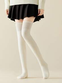 1 Pair Wool Thigh High Socks For Women, White, Thick, Warm And Furry, Suitable For Autumn/Winter