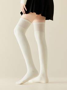 1 Pair Wool Thigh High Socks For Women, White, Thick, Warm And Furry, Suitable For Autumn/Winter