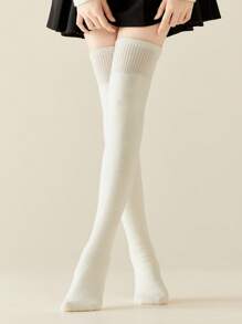 1 Pair Wool Thigh High Socks For Women, White, Thick, Warm And Furry, Suitable For Autumn/Winter