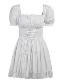 Women's Puff Sleeve A Line Dress Solid Colour Bandage Style Lace Trim Short Clubwear - White - View 1