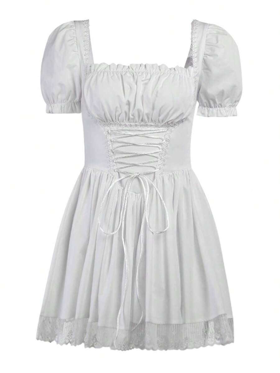 Women's Puff Sleeve A Line Dress Solid Colour Bandage Style Lace Trim Short Clubwear - White - View 1