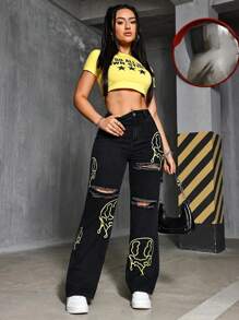 Damskie jeansy casualowe w stylu ulicznym z nadrukiem i przetarciami