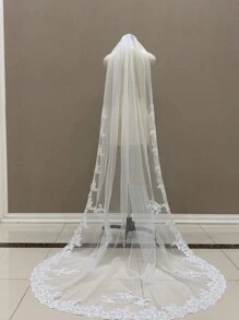 One Layer Long Lace Applique Bridal Veil 98 Inches Lace Veil White Or Ivory Wedding Veil Lace Veil Bridal Accessories - Multicolor - View 2