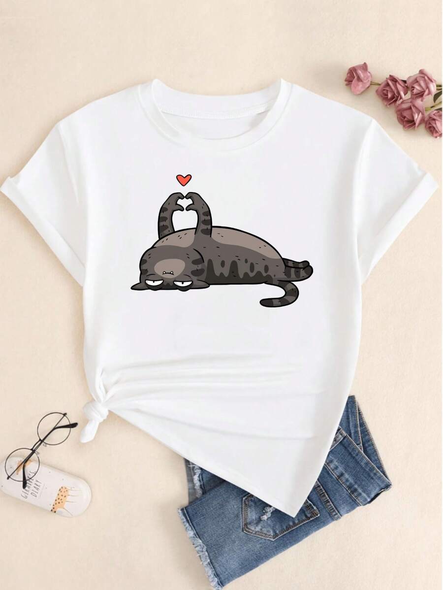 Kitten Showing Love Babylook Short Sleeve Streetwear Casual Comfort Premium Print T-Shirt - 白色的 - 查看 1