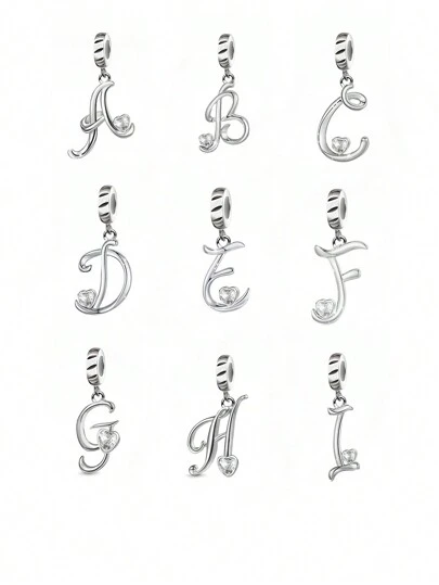 HuooNew 1入組精美方晶鋯石愛心裝飾純的字母純銀DIY吊墜適合女士DIY首飾製作