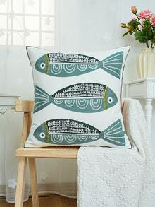 1 件鱼形刺绣靠垫套（无填充物）-带拉链，可机洗涤纶枕套，适用于各种房间的家居装饰 - 彩色 - 查看 6